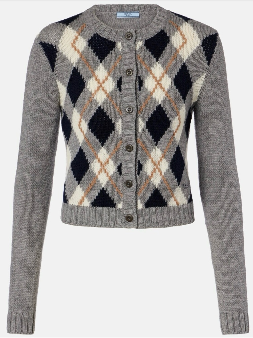 Prada Cashmere Grey Argyle Button-Up Cropped Sweater